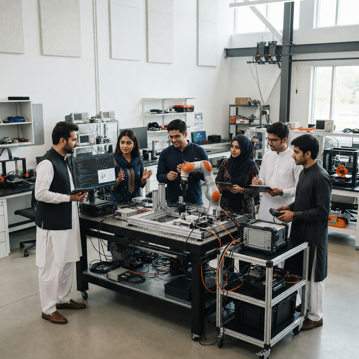 Industrial engineers and academic researchers collaborating in the lab